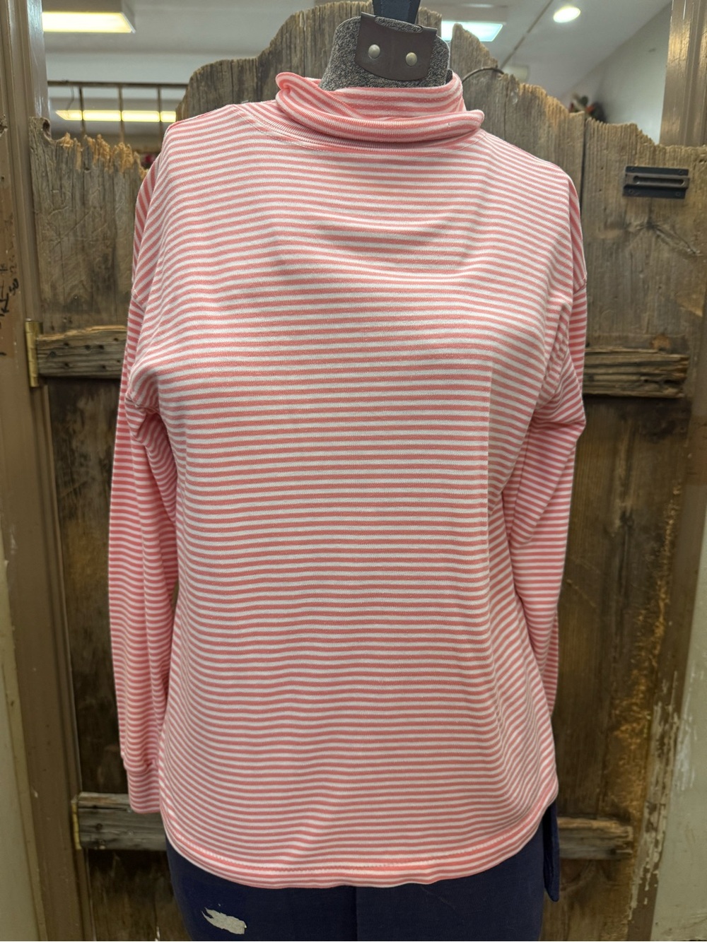 Women's Pink & White Striped Turtleneck Long Sleeve Tee